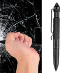 Tactical Pen With Glass Breaker And Six Ink Refills Aircraft Grade Aluminum Multi Function Tool For Emergency Escape Window Breaker Writing And Everyday Carry Non Slip Grip being used to shatter glass.