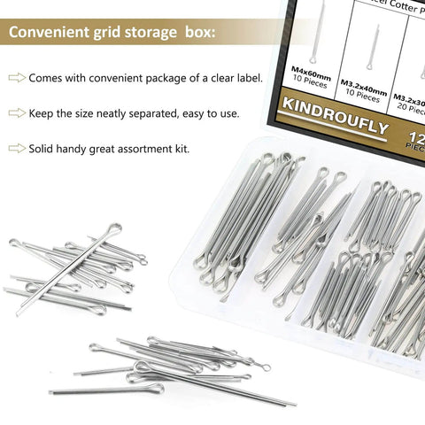 120 Piece Cotter Pins Assortment Kit 304 Stainless Steel 6 Sizes M1.6x25 M2.5x25 M2.5x40 M3.2x30 M3.2x40 M4x60 Durable For DIY Automotive Equipment Kindroufly