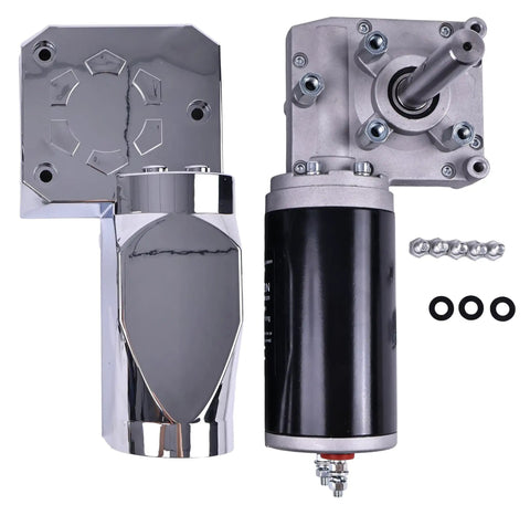 Professional Grade 1.5HP 900W 12V DC Tarp Motor Kit, chrome plated assembly with gearbox for heavy-duty trucks.