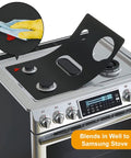 Stove Cover Set For Gas Range Protectors Keeps Your Stovetop Clean Nonstick, Dishwasher Safe Easy To Clean Reusable Burner Mats Includes 2 Gap Covers Fits Select Samsung Gas Stoves shown on appliance with cleaning cloth.