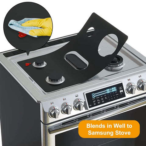 Stove Cover Set For Gas Range Protectors Keeps Your Stovetop Clean Nonstick, Dishwasher Safe Easy To Clean Reusable Burner Mats Includes 2 Gap Covers Fits Select Samsung Gas Stoves shown on appliance with cleaning cloth.