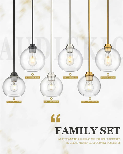 Two Pack Brass Pendant Lights With Clear Glass Globe Shades Farmhouse Gold Hanging Lamps For Kitchen Island Dining Room And Entryway showcasing sleek designs and different finishes.