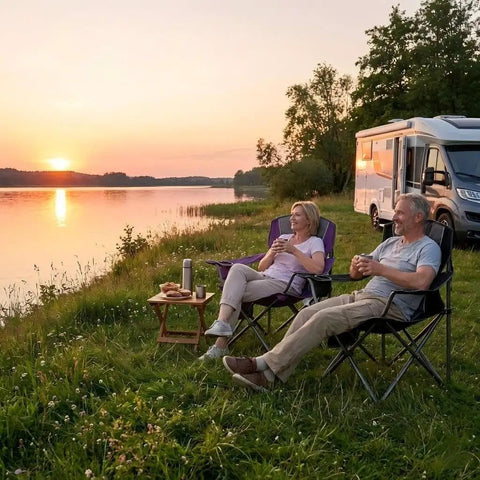 Two adults seated on Oversized Padded Camping Chairs 2 Pack For Adults, Heavy Duty Support Up To 400 Lbs, at lakeside sunset.