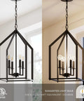 Chic Rustic Black 4 Light Chandelier With Metal Cage Pendant Adjustable Chain Hanging Light Fixture For Kitchen Island And Dining Room Farmhouse Lantern Style Ceiling Light With Modern Industrial Edge, shown against a window backdrop.