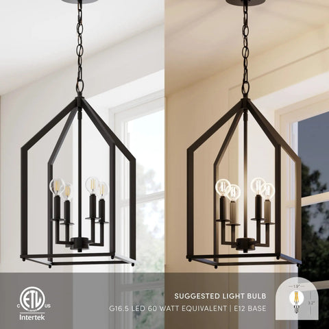 Chic Rustic Black 4 Light Chandelier With Metal Cage Pendant Adjustable Chain Hanging Light Fixture For Kitchen Island And Dining Room Farmhouse Lantern Style Ceiling Light With Modern Industrial Edge, shown against a window backdrop.