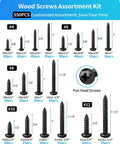 Top Tier 550 Piece Tough As Nails Black 304 Stainless Steel Wood Screw Assortment Kit with various sizes and counts.
