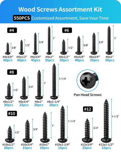 Top Tier 550 Piece Tough As Nails Black 304 Stainless Steel Wood Screw Assortment Kit with various sizes and counts.