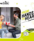 Man gifting woman a SnapFresh cordless electric scissors 4V mini box cutter with replacement blade, green, for DIY projects.