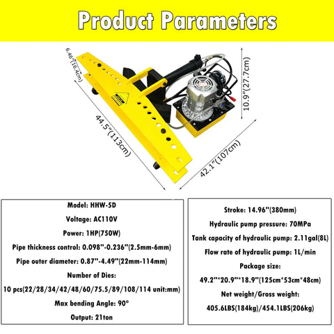 INTSUPERMAI Electric Hydraulic Pipe Bender For Round Tubes 0.1 To 0.24 Inch Wall Thickness With 110V Power And 10 Dies parameters image.