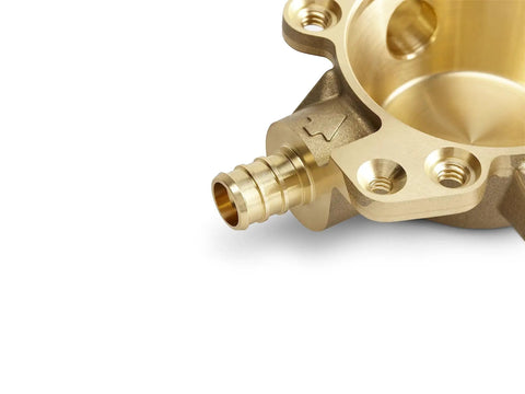 Close-up of the brass connection on Rite-Temp Pressure Balancing Shower Valve Kit With Cartridge, Service Stops, And PEX Expansion Connections