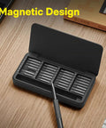 28 In 1 Precision Screwdriver Set With Magnetic Bits And Case on table, featuring labeled magnetic design and open lid showing bits.