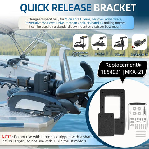 Quick Release Bracket MKA-21 For Ulterra Terrova Deckhand 40 And PowerDrive V2 Pontoon Trolling Motors Mounting Bracket Fits Standard Bow Mount Or Scissor Bow Mounts Dock Ready Trolling Setup