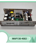 Heavy Duty 4 Channel Industrial Power Supply MAP130-4002 inside view showing components for AC DC conversion in a durable metal casing.