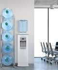 5 Tier Water Jug Rack for 5 Gallon Bottles With Detachable Shelves in office setting next to water cooler