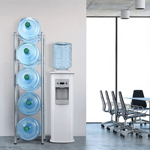 5 Tier Water Jug Rack for 5 Gallon Bottles With Detachable Shelves in office setting next to water cooler