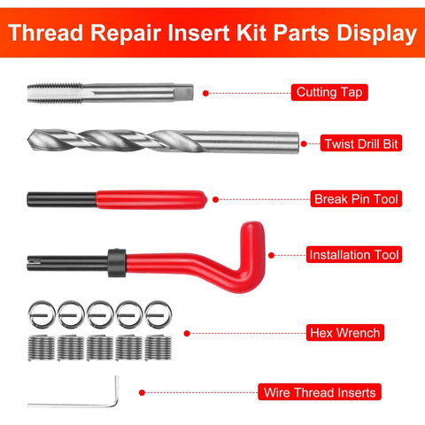 Pro Grade 15 Piece Thread Repair Kit For Damaged M12x1.75 Threads With Helicoil Style Inserts HSS Drill Bits Taps Tools Display