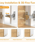 Four Pack Face Frame Inset Cabinet Hinges Offering Buttery Smooth Slow Close Action Alongside Heavy Duty Three Dimensional Sliding Plates For Seamless Flush Door Alignment, showing easy installation adjustments.