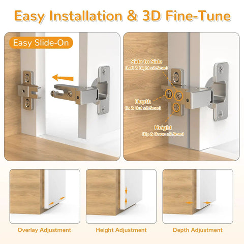 Four Pack Face Frame Inset Cabinet Hinges Offering Buttery Smooth Slow Close Action Alongside Heavy Duty Three Dimensional Sliding Plates For Seamless Flush Door Alignment, showing easy installation adjustments.