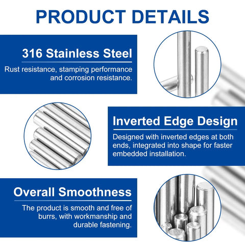 Product details showing 50 PCS 1.6mm by 6mm stainless steel dowel pins kit for shelves and fasteners, corrosion-resistant