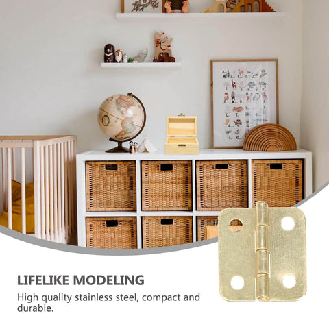 20 Pieces Dollhouse Mini Hinges Hardware Set For Small Furniture Cabinets And Closets 1 To 12 Scale With 80 Screws Yellow Antique Brass Finish Durable Stainless Steel Alloy Perfect For Jewelry Boxes And Dollhouse Miniatures displayed on wicker basket shelf