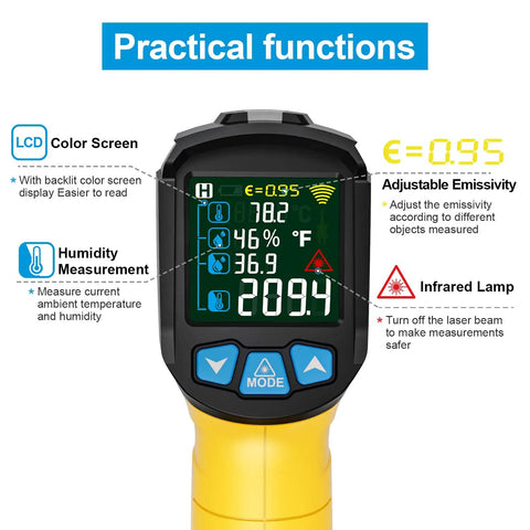 Non Contact Infrared Thermometer With Laser Targeting And K-Type Probe showing LCD, humidity sensor, emissivity adjustment