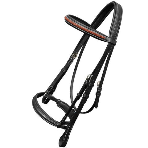 Premium Leather Dressage Bridle For Horse With Anti-Pressure Mono Crownpiece, Padded Crank Noseband, Braided Browband And Web Reins