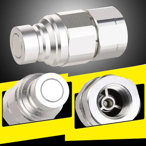 Side view of ANCIMOON 1/2 in NPT skid-steer hydraulic coupler with Bobcat flat-face fittings; chrome finish, includes 2 dust covers.