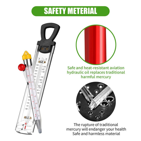 Upgraded Candy Thermometer With Pot Clip And Hanging Hook Stainless Steel showing safety materials and heat-resistant features
