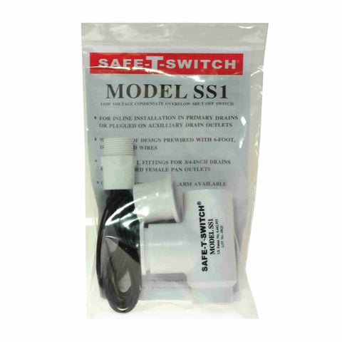 Front view of Safe-T-Switch Model SS1 packaging, showcasing condensate overflow switch for AC systems with adapter and wiring.