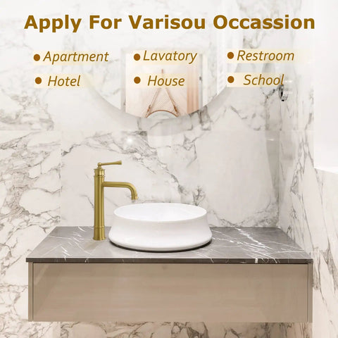 Tall Polished Chrome Vessel Sink Faucet With Deck Mount One Hole Lavatory Tap in a marble bathroom setting