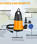 Powerful Submersible Water Pump With 25 Ft Hose Kit And 25 Ft Power Cord One And A Half HP 4000 GPH utility pump features