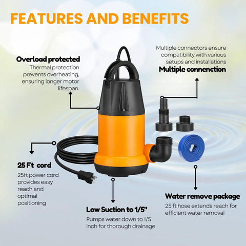 Powerful Submersible Water Pump With 25 Ft Hose Kit And 25 Ft Power Cord One And A Half HP 4000 GPH utility pump features