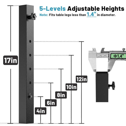 Adjustable Table Leg Extenders with 5 height options from 4 to 12 inches, black steel construction for stability.