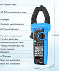 Pro Grade Inrush Clamp Meter Multimeter 1000A True RMS 6000 Counts AC DC Current And Voltage Tester labeled parts diagram