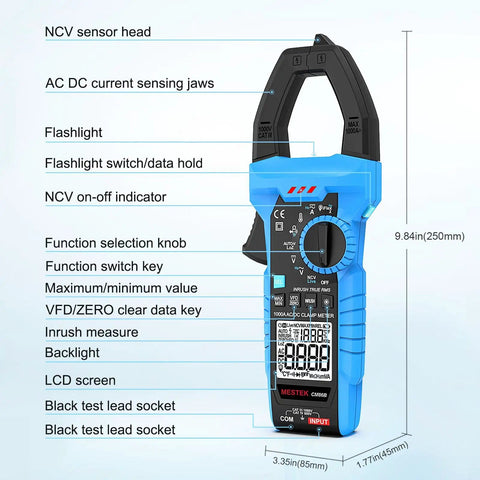 Pro Grade Inrush Clamp Meter Multimeter 1000A True RMS 6000 Counts AC DC Current And Voltage Tester labeled parts diagram