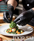 Top Tier Built Tough 6 Mil Black Nitrile Gloves 100 Pack Large used in food prep for handling fresh ingredients safely.