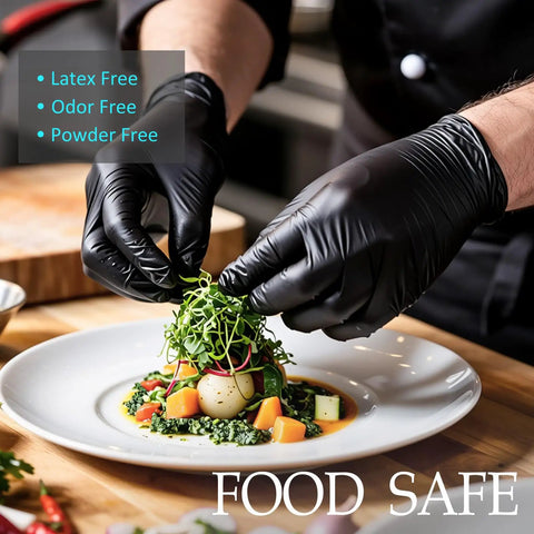 Top Tier Built Tough 6 Mil Black Nitrile Gloves 100 Pack Large used in food prep for handling fresh ingredients safely.