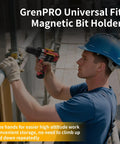 Worker using Universal Magnetic Bit Holder for cordless drills, mounted on a safety belt clip, fits various tool brands.