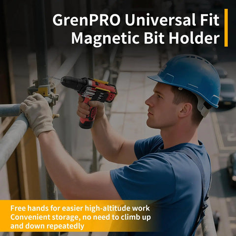 Worker using Universal Magnetic Bit Holder for cordless drills, mounted on a safety belt clip, fits various tool brands.