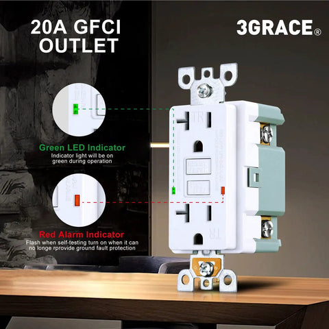 GFCI Outlet With LED Indicator, Tamper-Resistant GFI Receptacle, 20A 125V Duplex with LED status lights, UL Listed