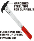 Powerbuilt heavy-duty seal puller with red handle and metal blade for seal removal.