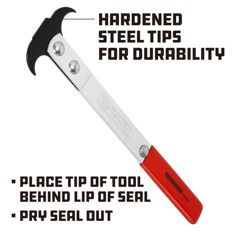 Powerbuilt heavy-duty seal puller with red handle and metal blade for seal removal.