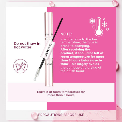Lash Bond And Seal For Eyelash Clusters 10ml Waterproof Glue with instructions on warming and precautions, dual-use brush included.