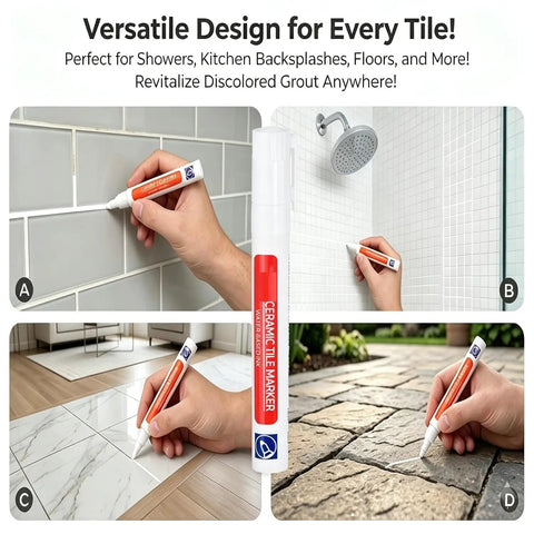 Grout Repair Paint Pen Waterproof Tile Grout Marker restoring ceramic tile grout in bathroom and kitchen for fresh look.