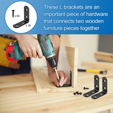 16 Piece Stainless Steel L Bracket Corner Brace Set With 64 Screws, 90 Degree Right Angle Supports, Black Finish installed on wood