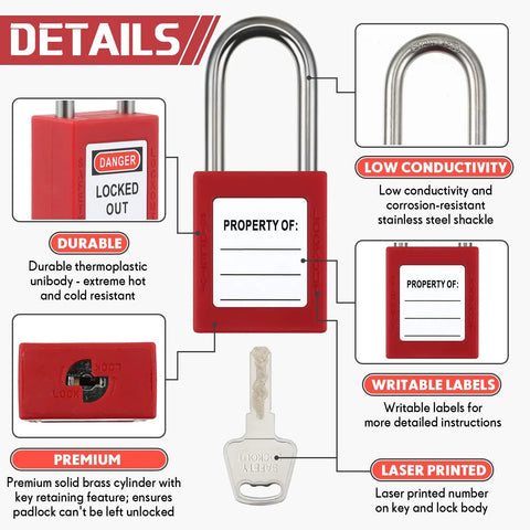 50 Piece Lockout Tagout Padlock Kit With Differently Keyed Safety Locks, Two Keys Per Lock, Red LOTO Locks For Electrical Stations And Devices, Ideal For Workplace Safety Compliance And Quick Lockout Ready, featuring red thermoplastic padlock and stainless steel shackle with writable labels and a key.