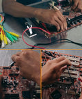 Person using 30 Piece Gator Clips Electrical Set With Five Color Crocodile Clips And Dual Ended Jumper Wires Power Test Probes for circuit board testing.
