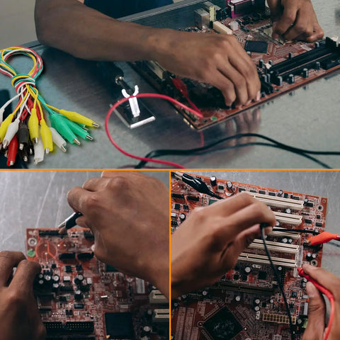 Person using 30 Piece Gator Clips Electrical Set With Five Color Crocodile Clips And Dual Ended Jumper Wires Power Test Probes for circuit board testing.