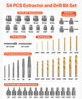 Grab And Go Heavy Duty 54 Piece Screw Extractor Set With Metric And Sae Bolt Nut Extractors Spiral Drill Bits Adapters detailed image of extractors and drill bits.