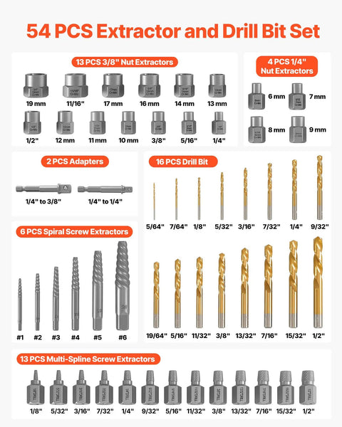 Grab And Go Heavy Duty 54 Piece Screw Extractor Set With Metric And Sae Bolt Nut Extractors Spiral Drill Bits Adapters detailed image of extractors and drill bits.